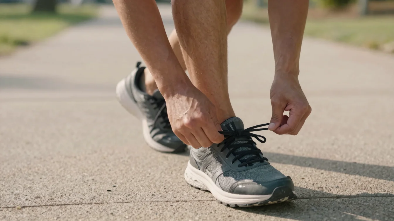 Close-up of running shoes tied carefully before a morning run on
