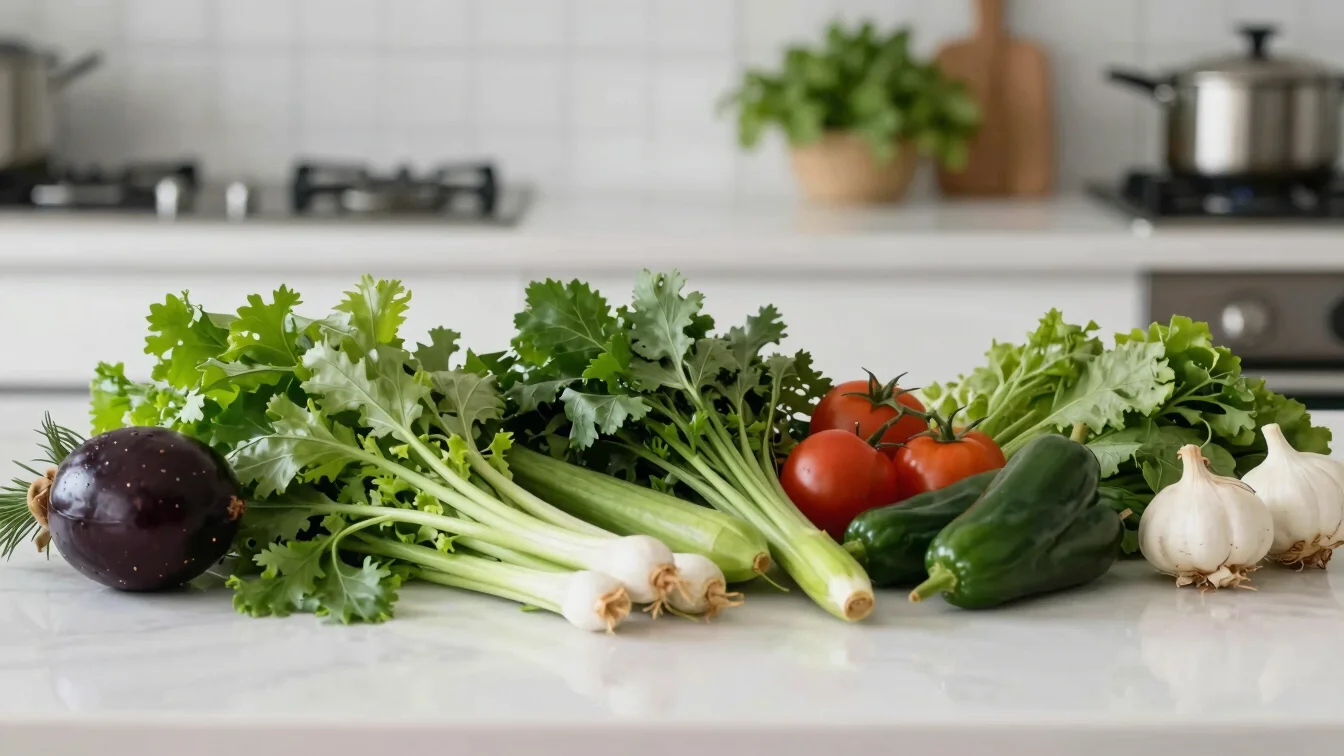 Fresh colorful ingredients on a kitchen counter, bright natural daylight, crisp focus