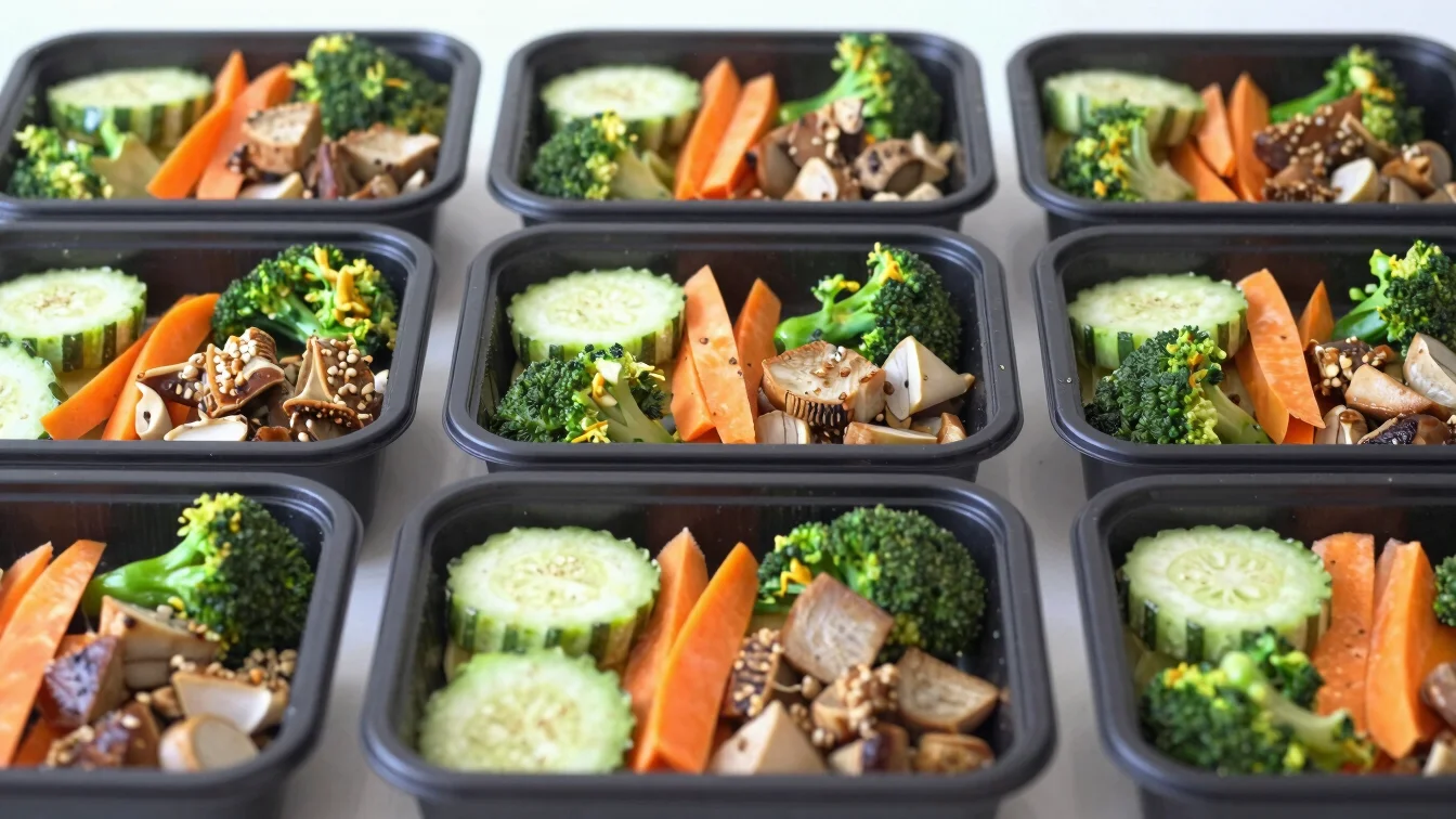Meal prep containers with balanced portions of vegetables and protein, natural light