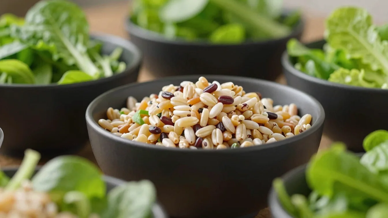 Close up of a vibrant healthy bowl with grains and fresh greens, professional food photography