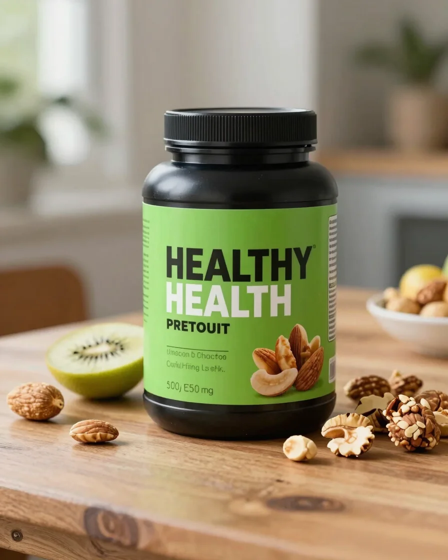 Healthy pre workout snack with fruit and nuts on a wooden table, soft natural daylight