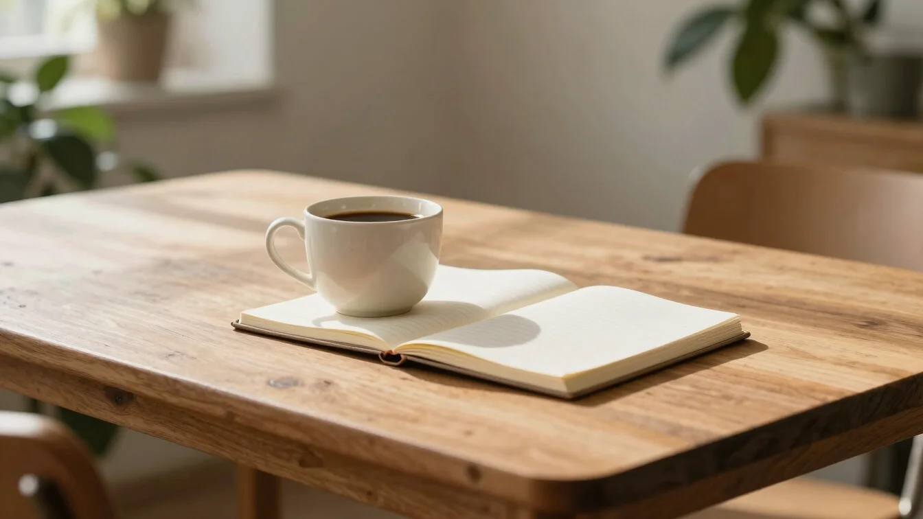 A quiet moment with a warm drink and journal on a sunlit wooden t